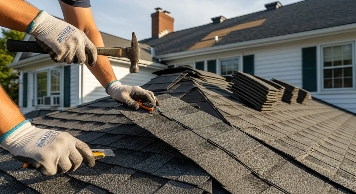 Alexandria roof repair professional working on residential home