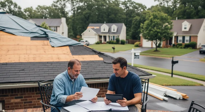 Homeowner reviewing insurance documents with roofing contractor in Northern Virginia