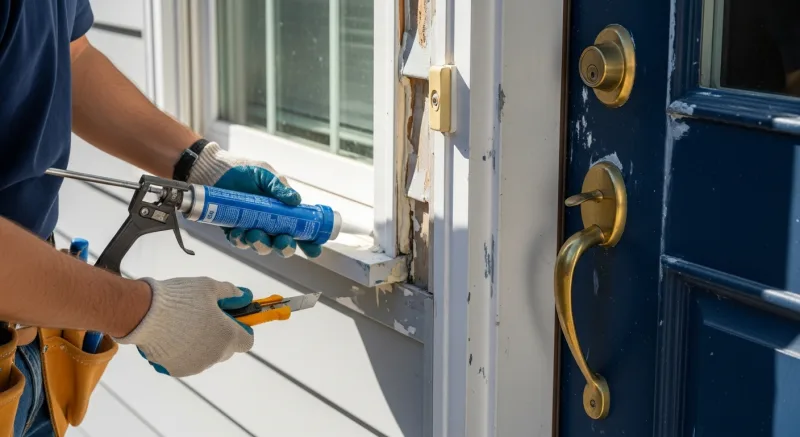 Contractor repairing door frame and window seal on a Maryland suburban home
