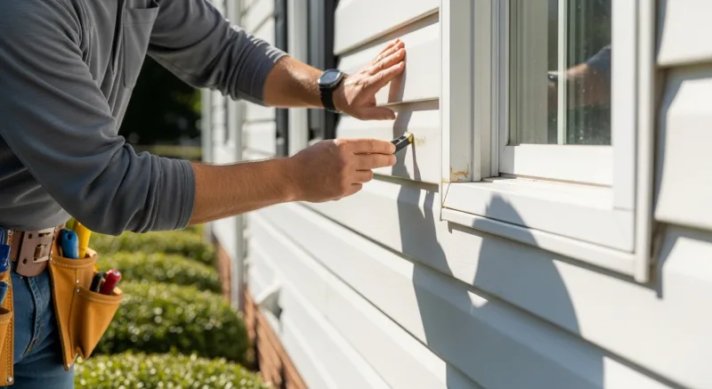 Siding contractor inspecting vinyl siding on a Fairfax Virginia home