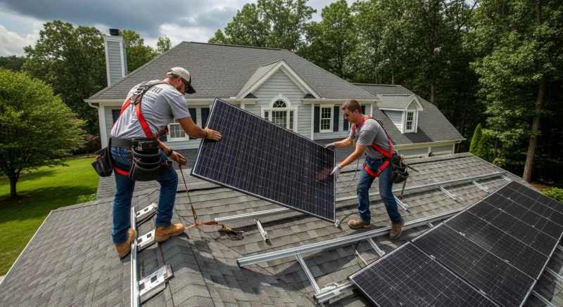 Solar panels being installed on a residential roof in Northern Virginia