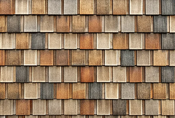 Composite shake roofing in mixed brown tones