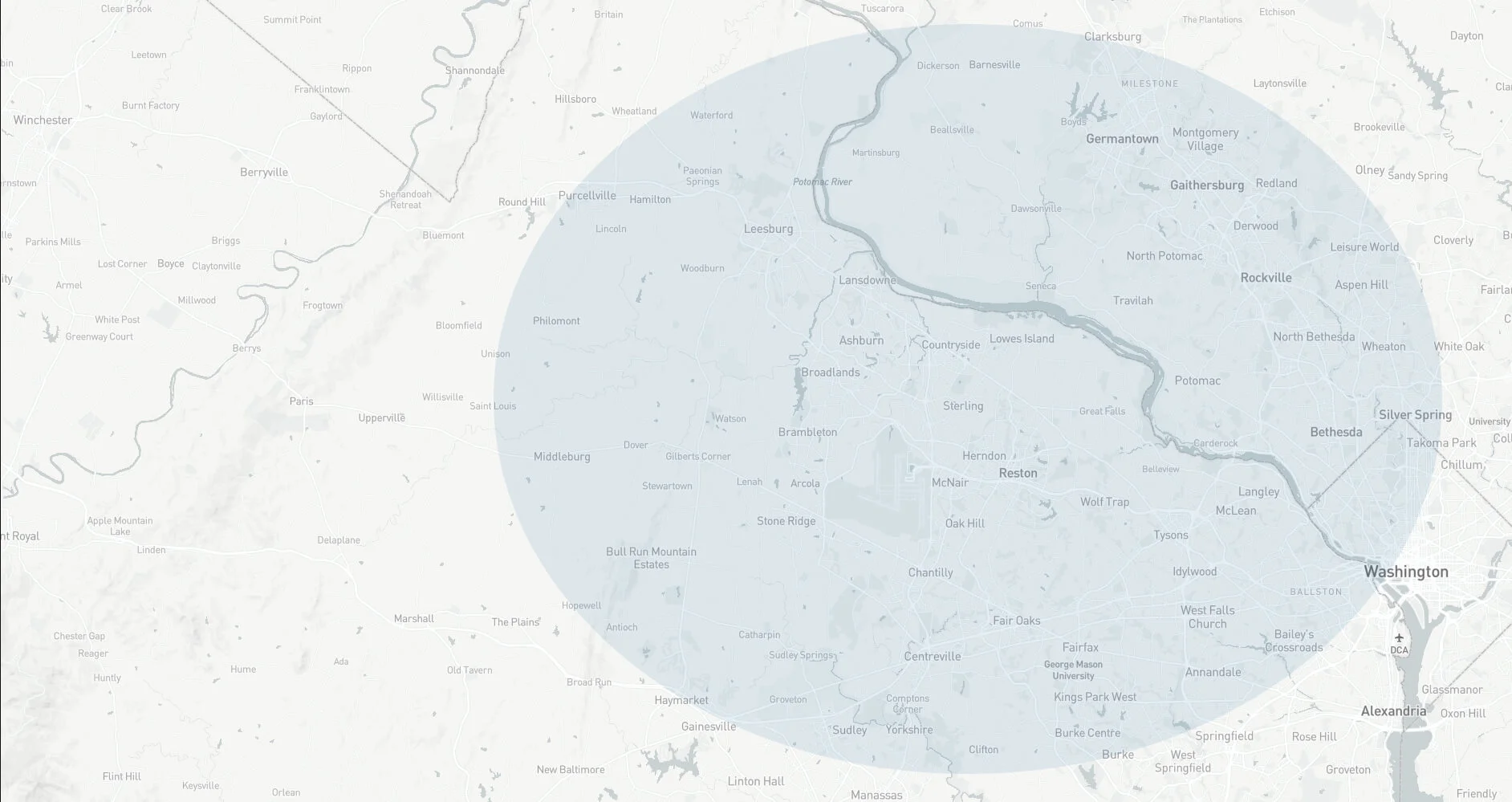 Map of Northern Virginia and nearby Maryland with a shaded circle around the Vienna area