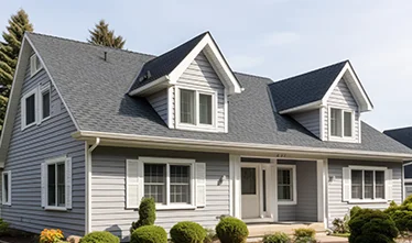 Blue house with a dark shingle roof and gabled front