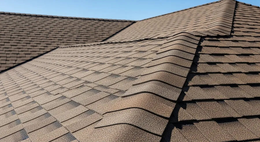 Close view of brown asphalt shingles meeting at a roof ridge under a clear sky